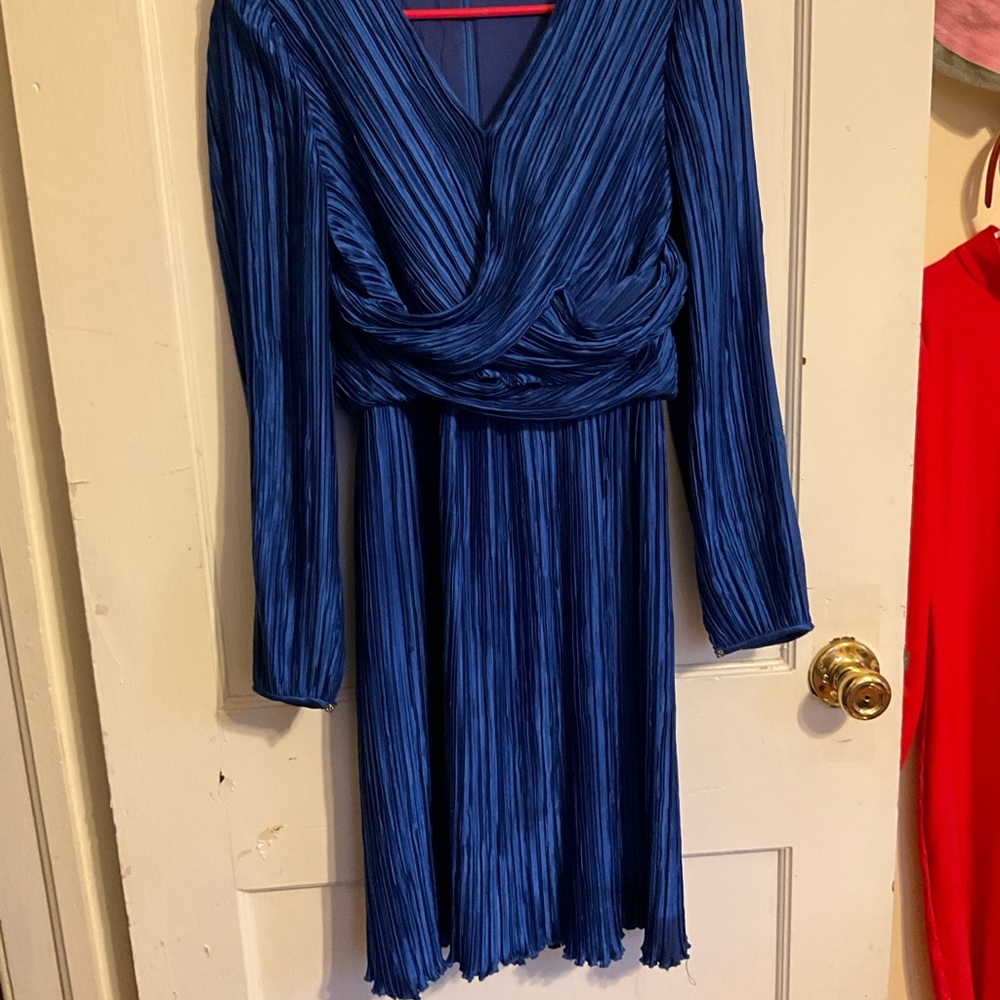 Vintage Cobalt Blue Pleated Satin Dress